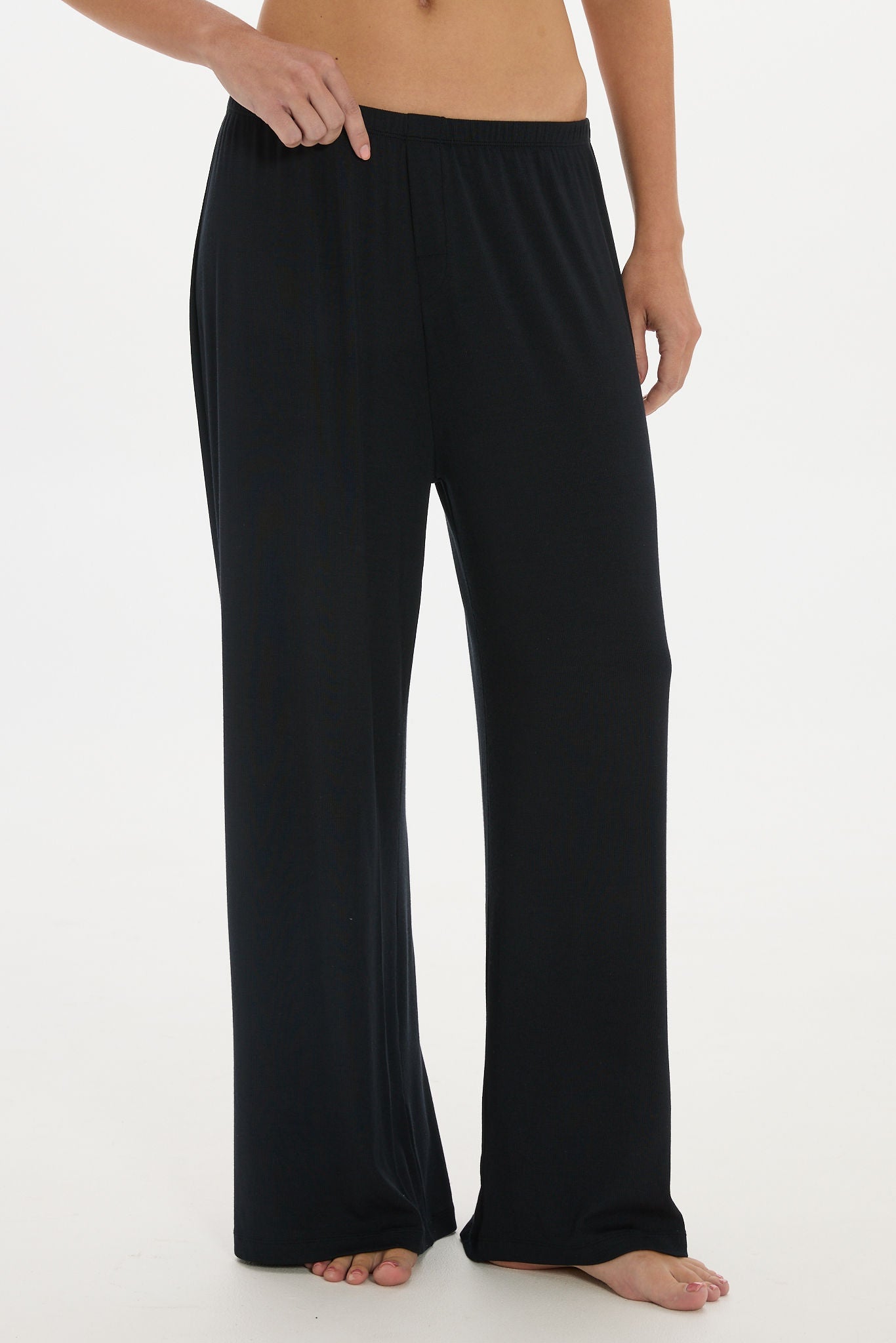 Soft Rib Wide-Leg Pants - Black
