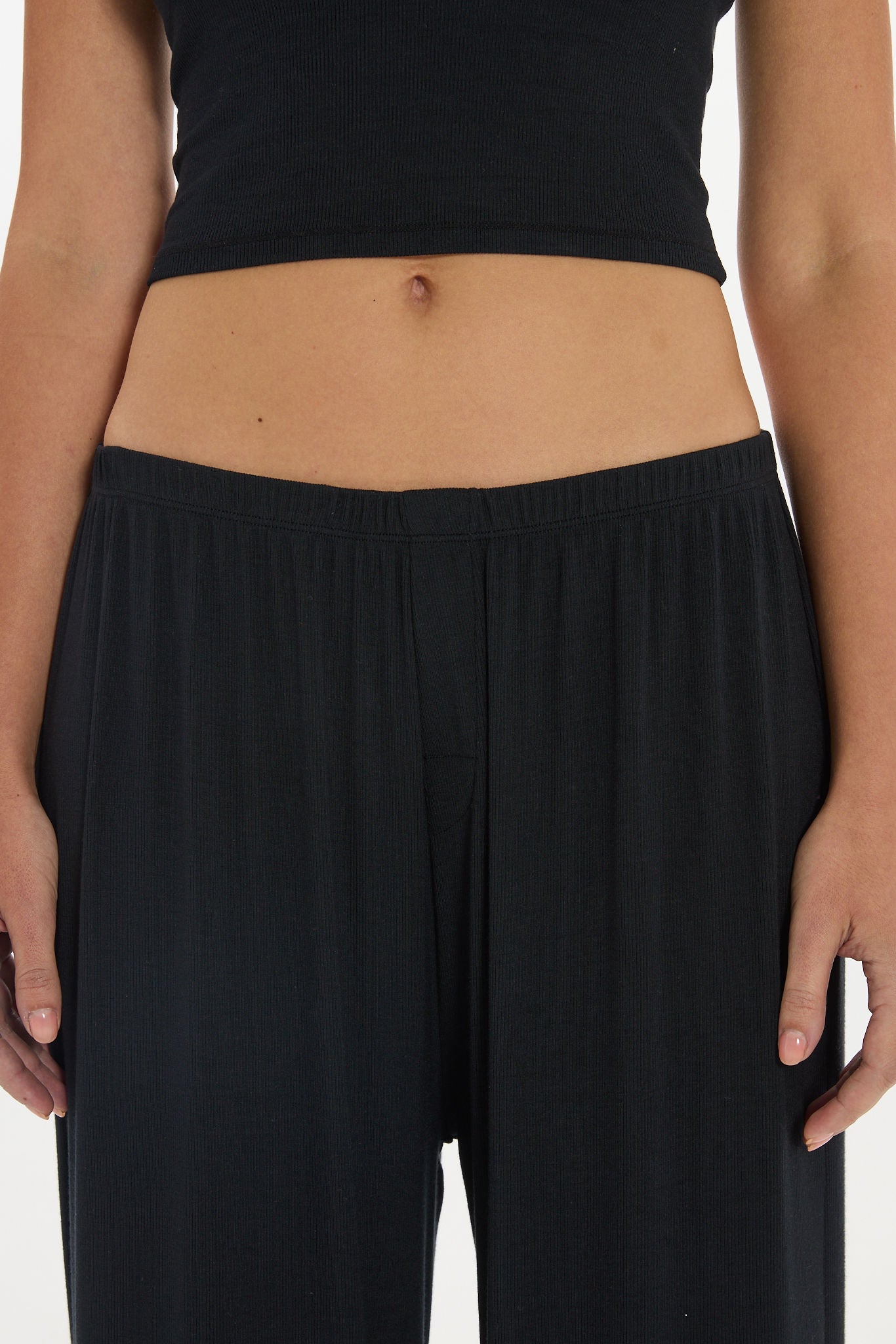 Soft Rib Wide-Leg Pants - Black