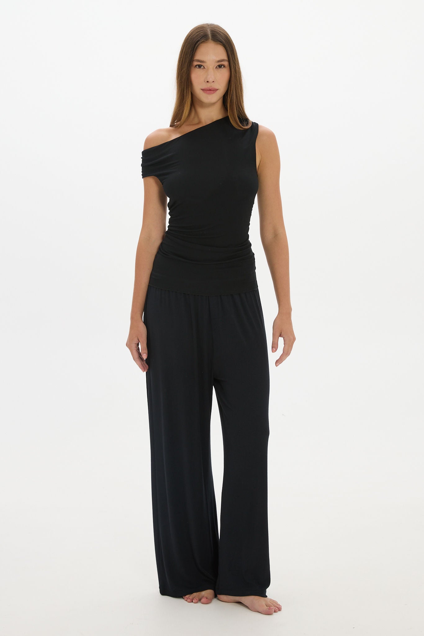 Soft Rib Wide-Leg Pants - Black