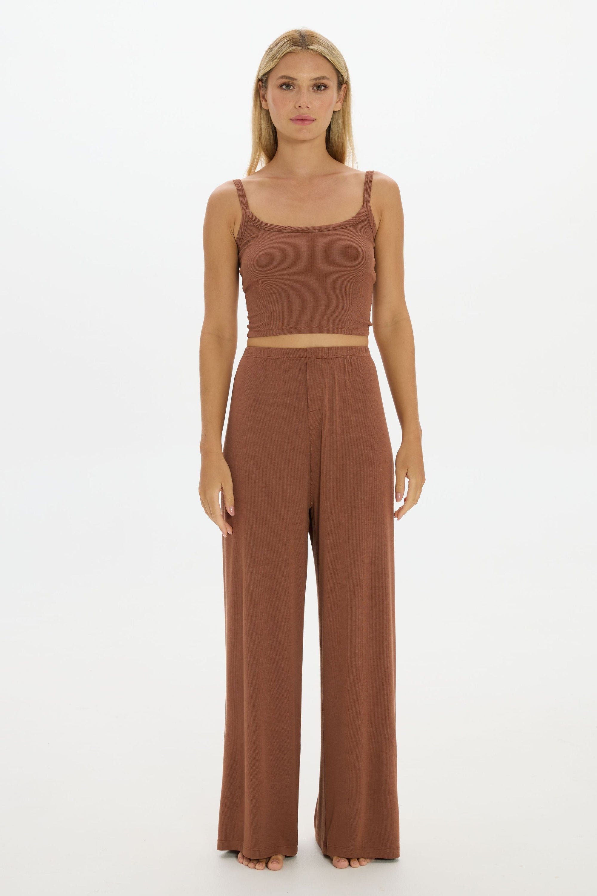 Soft Rib Wide-Leg Pants - Earth